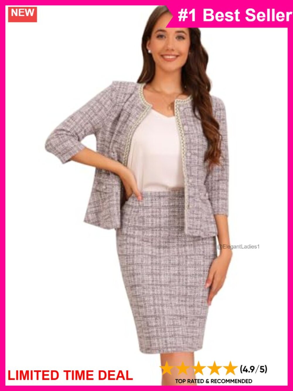 Tweed 2 Piece Skirt Set 3/4 Sleeve Business Casual Pencil Skirt Outfit